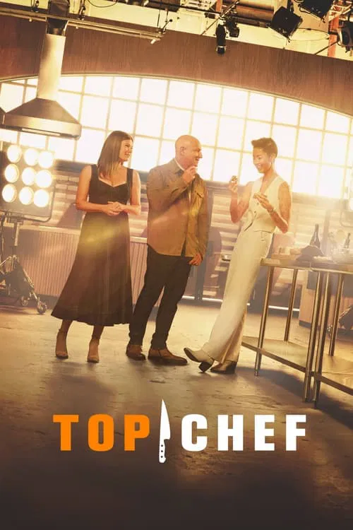 The poster features four chefs in a warm, sunlit kitchen with industrial lighting. The warm tones and soft lighting create a cozy, inviting atmosphere. The chefs are dressed in elegant attire, suggesting a high-end culinary challenge. The title "TOP CHEF" is prominently displayed at the bottom, e...