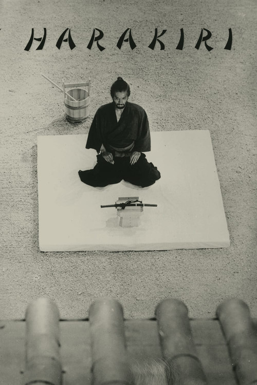 The poster features a silhouette of a person in a martial arts stance, surrounded by splashes of blood against a stark white background. The title "HARAKIRI" is prominently displayed in bold, black letters above the figure. The overall mood is intense and dramatic, evoking themes of violence and ...