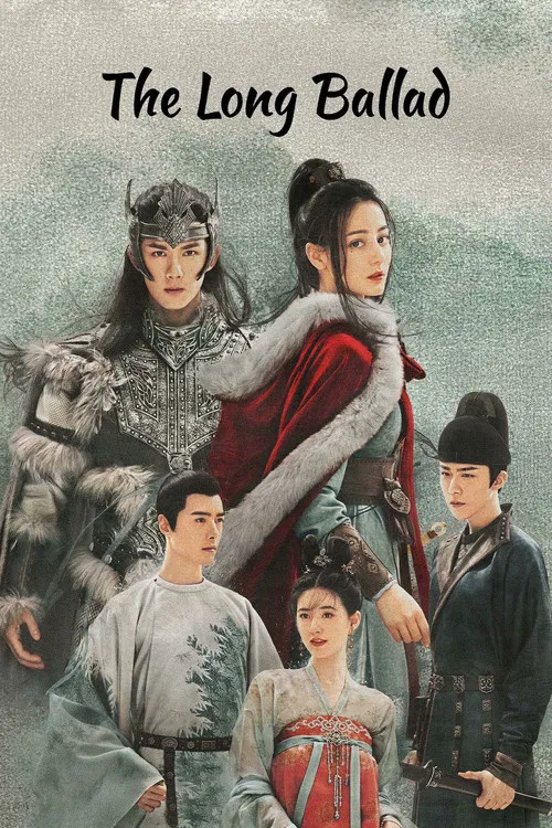 This poster depicts a dramatic scene from "The Long Ballad," featuring a central woman in a red robe surrounded by four men in period costumes. The muted tones and dramatic lighting evoke a sense of historical drama and mystery, capturing the essence of the show's narrative.