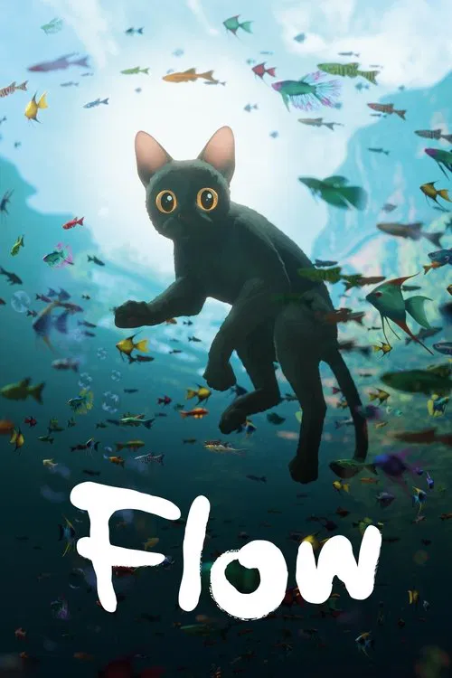 The poster features a sleek black cat with glowing yellow eyes, swimming through a vibrant underwater scene filled with colorful fish and bubbles. The word "Flow" is prominently displayed in bold white letters at the bottom, evoking a sense of freedom and natural beauty.