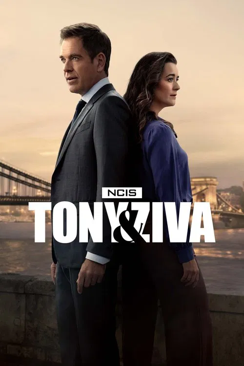 The poster features Tony and Ziva standing side by side against a backdrop of a bridge and city skyline, bathed in warm sunset hues. Their serious expressions convey a sense of determination and professionalism. The bold white text "Tony & Ziva" dominates the foreground, emphasizing their central...