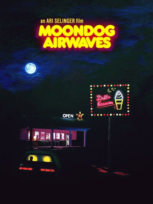 The poster features a dark, moody night scene with a bright moon and a neon sign advertising a radio station. The title "Moondog Airwaves" glows in warm yellow, evoking a sense of mystery and intrigue.
