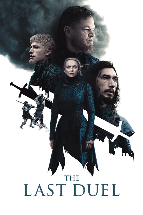 The poster features four characters in dramatic poses against a dark, stormy background. The central figure stands with a sword, flanked by others holding weapons, suggesting a high-stakes duel. The muted tones and shadowy atmosphere evoke a sense of mystery and tension, hinting at an epic battle...