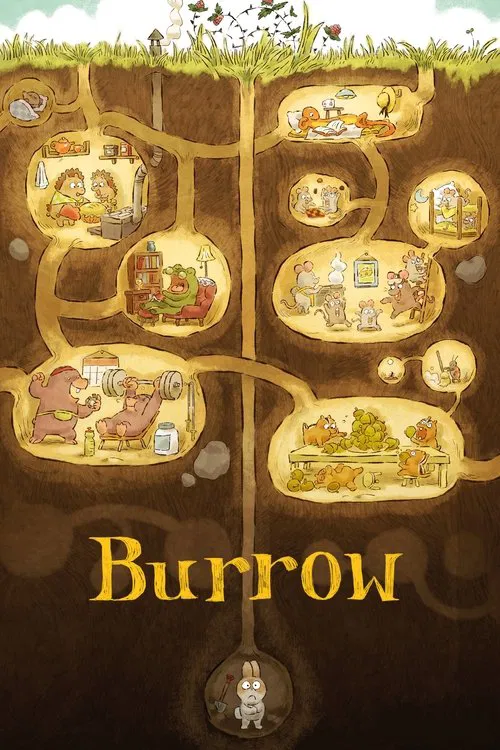 The poster features a whimsical underground map with glowing, golden paths leading to various scenes of people in cozy, rustic settings. The warm, earthy tones create a cozy, inviting mood, while the playful, cartoonish style suggests a charming, family-friendly adventure.