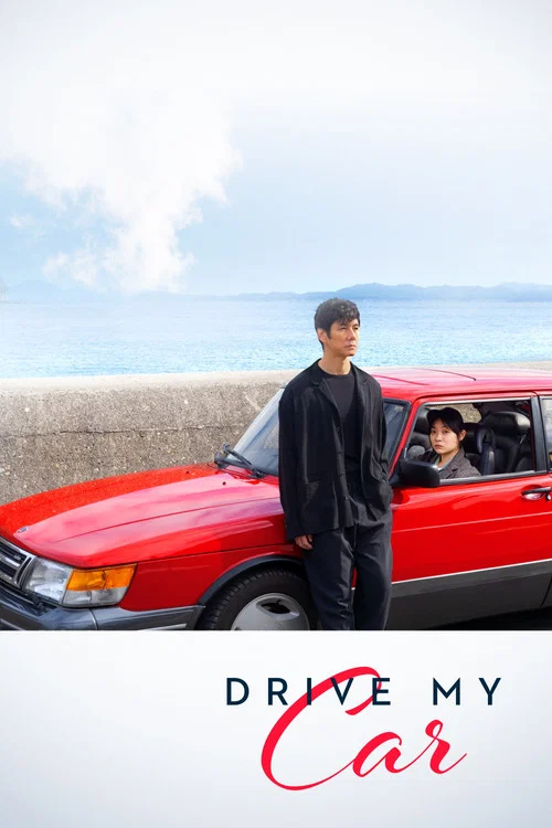 A man in black stands confidently beside a vibrant red vintage car on a sunny day. The poster captures a nostalgic, adventurous mood with its classic car and relaxed atmosphere.