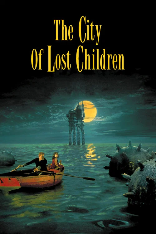 The poster depicts a mysterious city floating on a dark, greenish lake at night. Two children in a small boat row toward the city, while a large, shadowy figure stands in the water under a bright moon. The eerie, moody atmosphere suggests a tale of lost children and forgotten wonders.