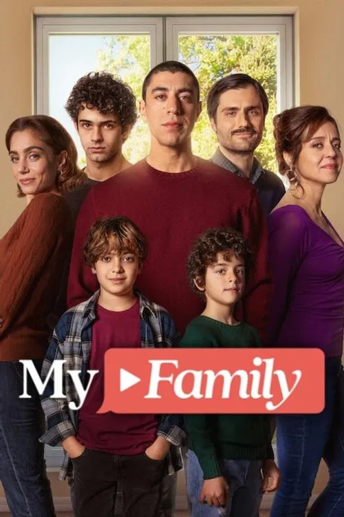 The poster features a group of six young adults standing in front of a bright window, exuding a warm, familial atmosphere. The colors are vibrant, with rich reds, purples, and blues creating a visually appealing backdrop. The mood is one of youthful energy and connection, capturing the essence of...